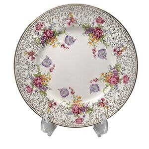 Vintage Grenville Ware Tunstall Plate (England) Floral White Pink Gold Decor